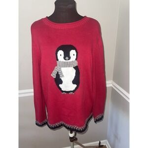 CJ Banks Sweater Womens Plus 1X Red Penguin Winter Pullover Holiday Christmas